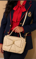Cream Ostrich-Embossed Bow Handbag — Vintage, Top Handle &amp; Crossbody