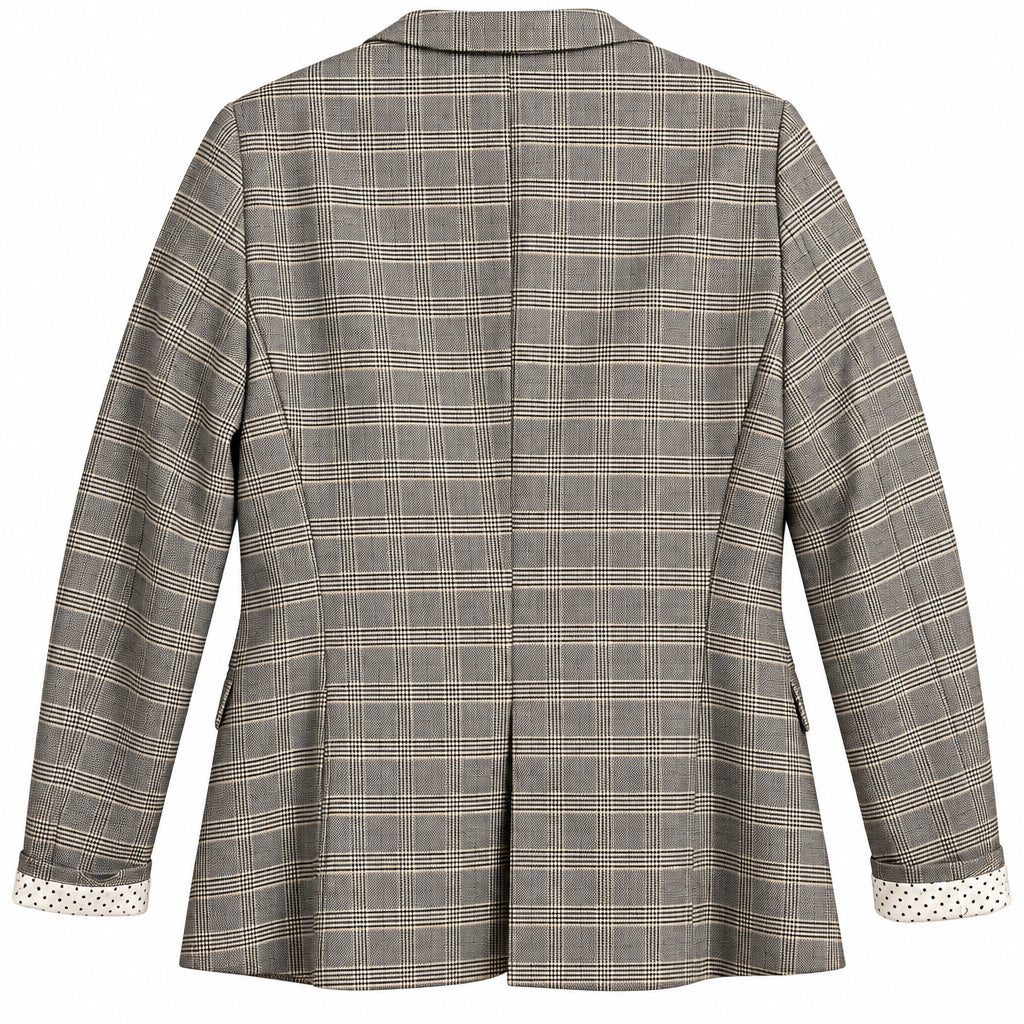 Back of vintage neutral plaid blazer with back vent