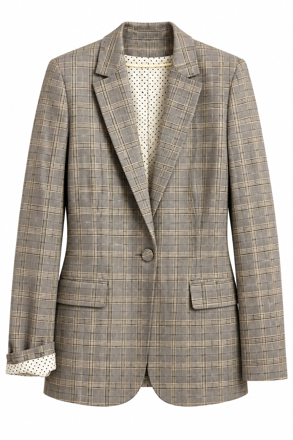 Front of vintage neutral plaid blazer with polka dot lining