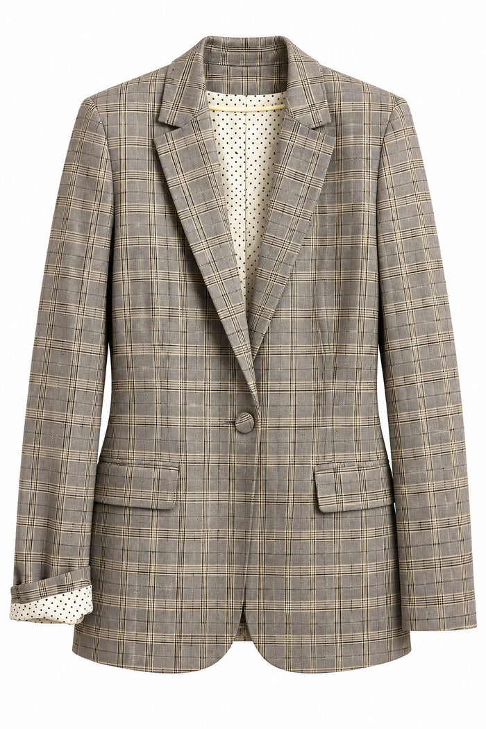 Front of vintage neutral plaid blazer with polka dot lining